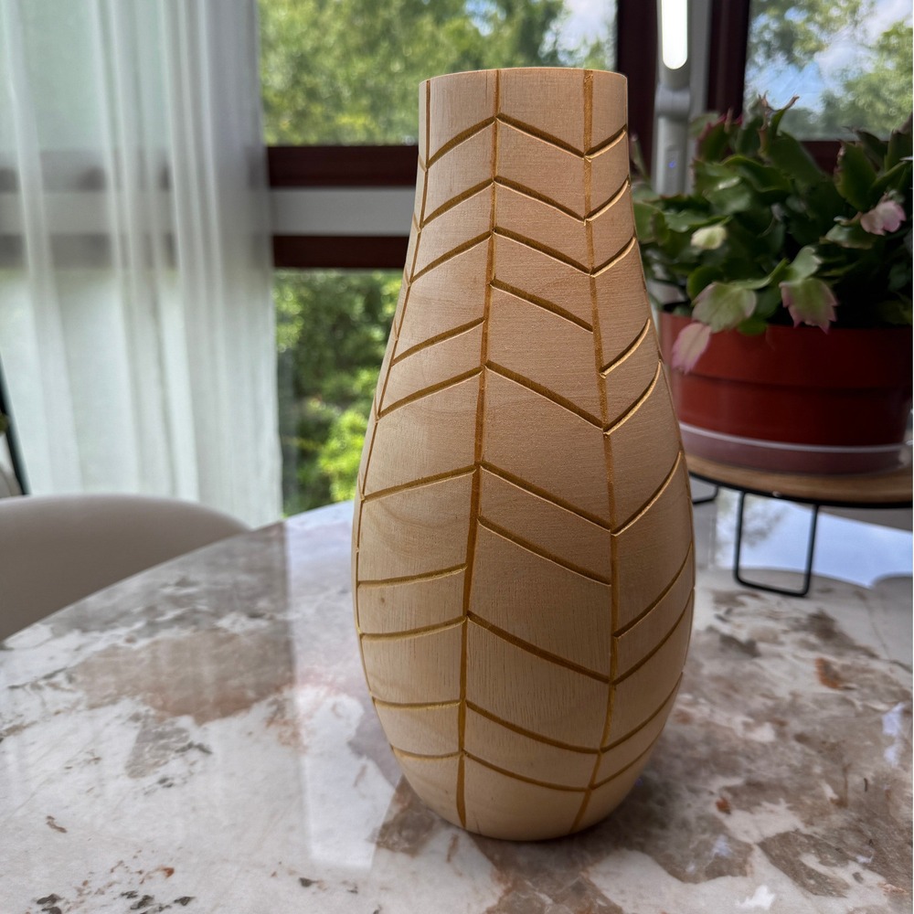 Hand Carved Wooden Vase Chevron Herringbone Pattern Natural Gold Hue Accents